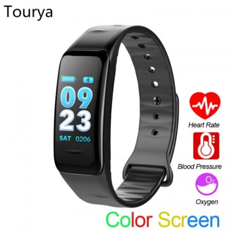 Smart Bracelet C1s Heart Rate Men Women Band Color Screen Music Control Sports Watch Black