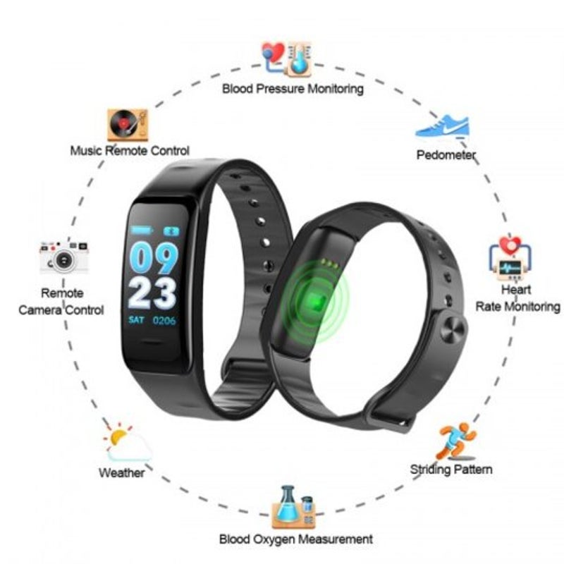 Smart Bracelet C1s Heart Rate Men Women Band Color Screen Music Control Sports Watch Black