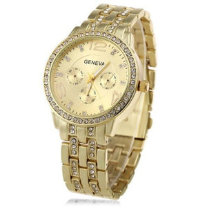 Veile Studios Tuhao Golden Watch With Diamonds Round Dial And Steel Band For Women