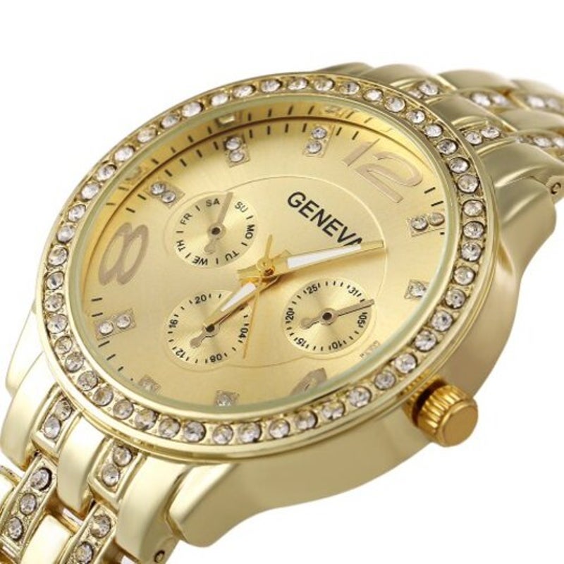 Veile Studios Tuhao Golden Watch With Diamonds Round Dial And Steel Band For Women