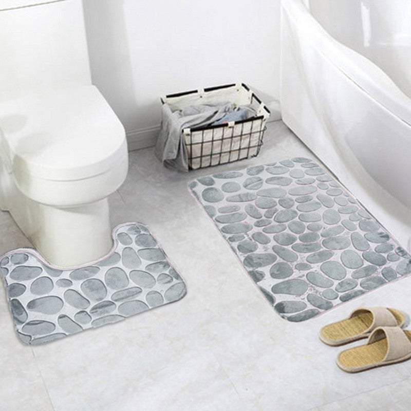 Pebbles Bath Mat Set Bathroom Square Shaped And U Non Slip Floor Mats