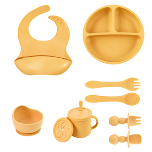 Yellow 8 Piece Silicone Children's Tableware Set Bpa Free Baby Feeding Utensils With Fork Spoon Cup Bowl And Bibs