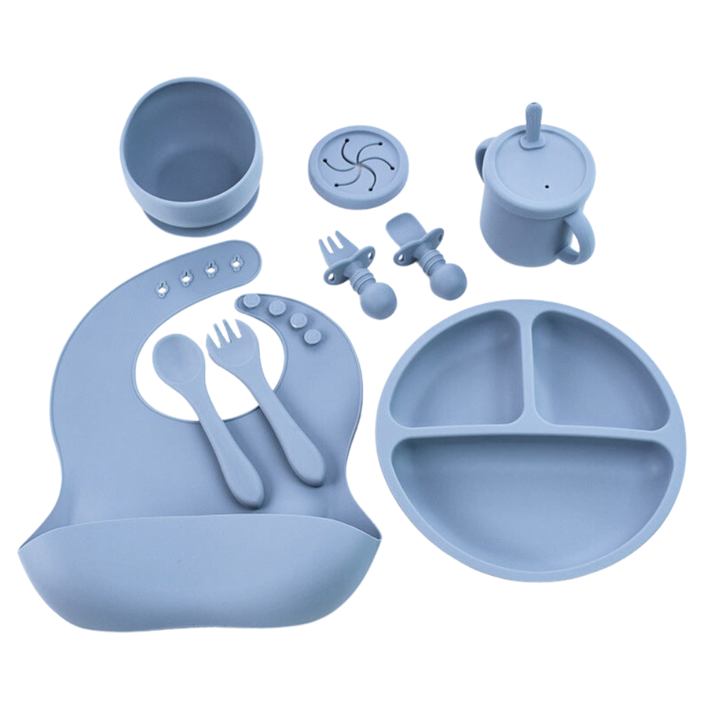 Blue 8 Piece Silicone Children's Tableware Set Bpa Free Baby Feeding Utensils With Fork Spoon Cup Bowl And Bibs