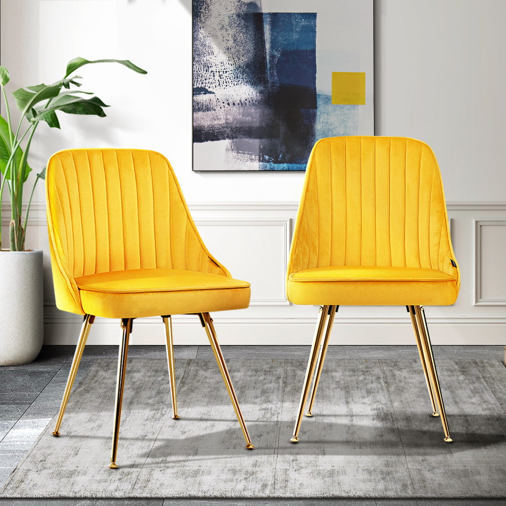 Artiss Set Of 2 Dining Chairs Retro Cafe Kitchen Modern Metal Legs Velvet Yellow