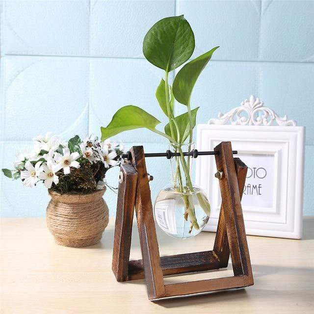 Glass And Wood Hydroponics Vase Planter Desktop Terrarium