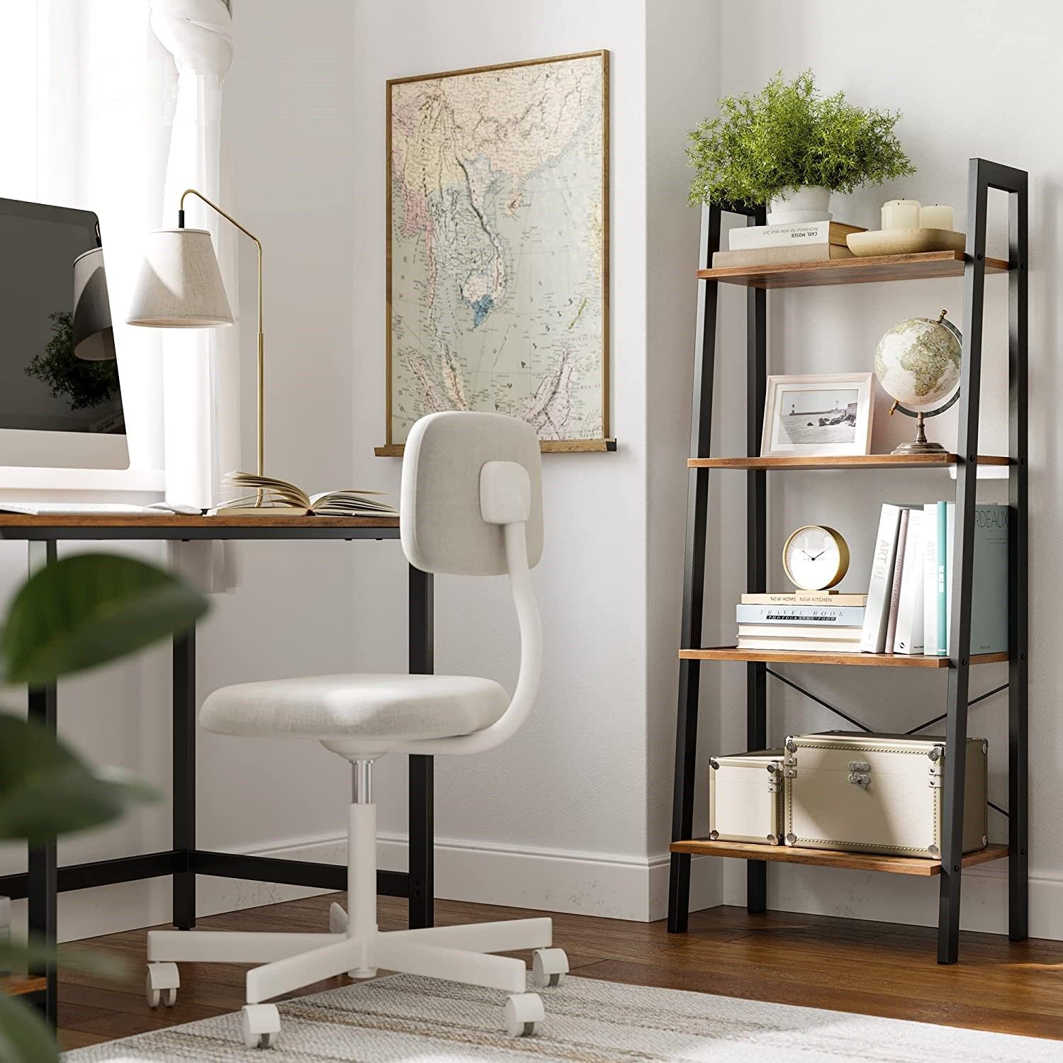 Rustic Brown And Black Steel Metal Frame 4 Tier Bookshelf