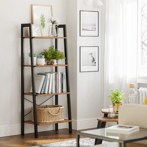 Rustic Brown And Black Steel Metal Frame 4 Tier Bookshelf