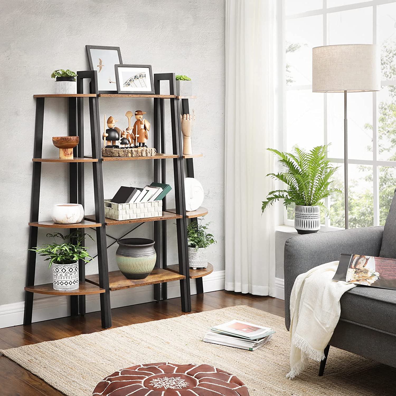 Rustic Brown And Black Steel Metal Frame 4 Tier Bookshelf