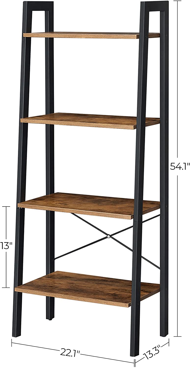 Rustic Brown And Black Steel Metal Frame 4 Tier Bookshelf