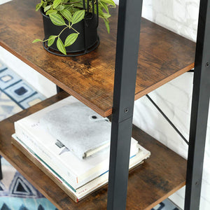 Rustic Brown And Black Steel Metal Frame 4 Tier Bookshelf