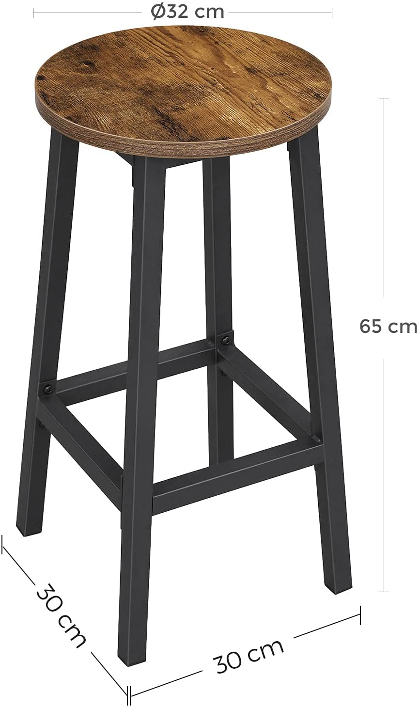 Set Of 2 Bar Stools With Sturdy Steel Frame Rustic Brown And Black 65 Cm Height