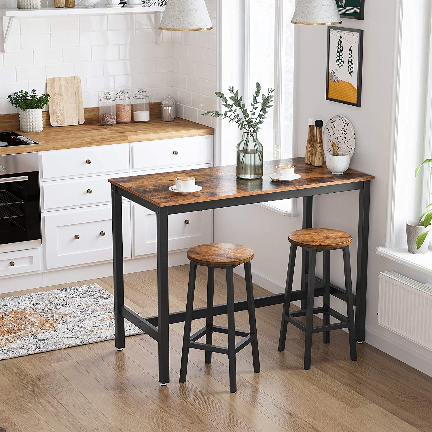 Set Of 2 Bar Stools With Sturdy Steel Frame Rustic Brown And Black 65 Cm Height