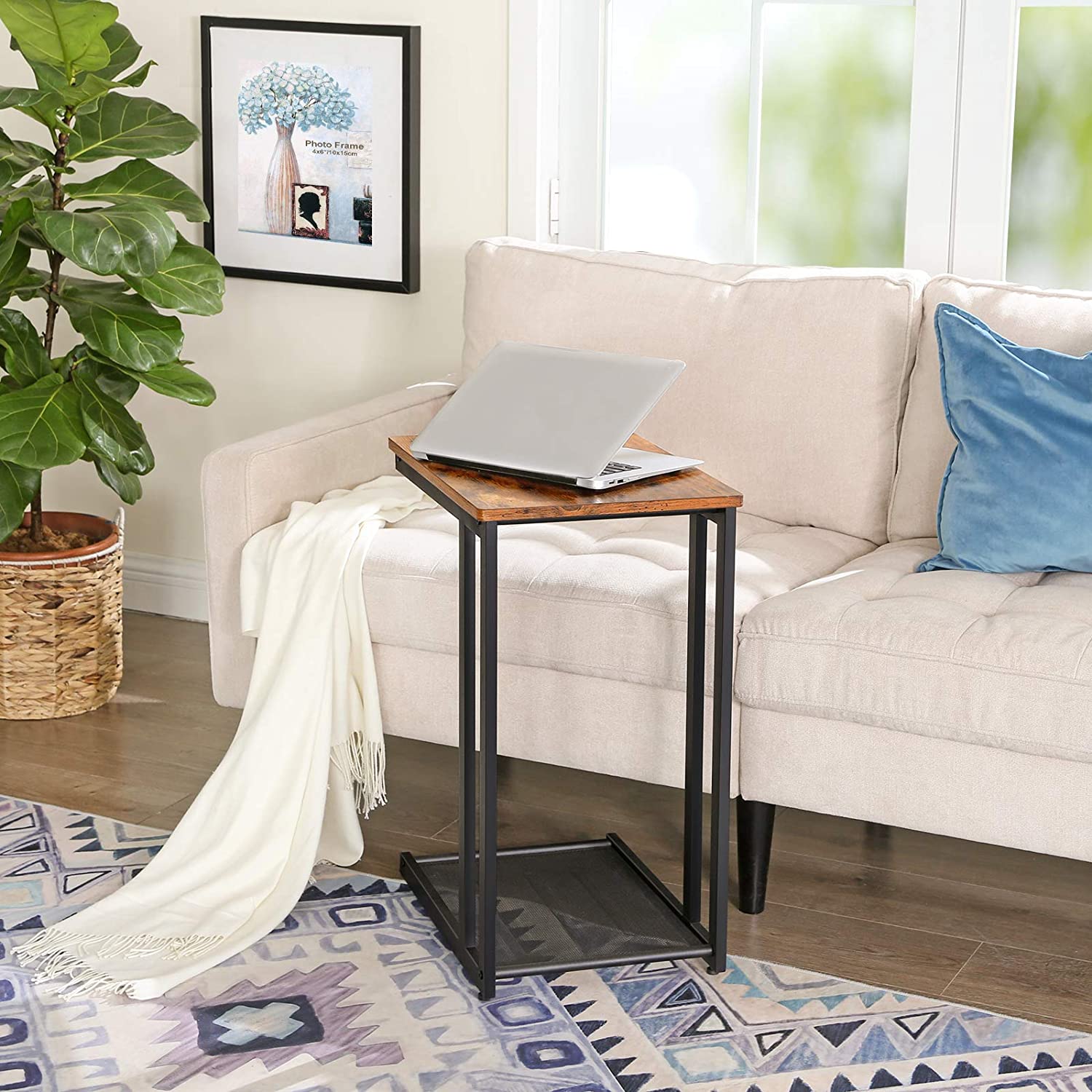 Bedside Table With Mesh Shelf, Rustic Brown