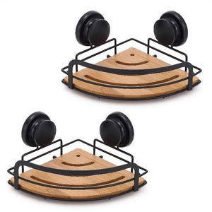 2 Pack Round Bamboo Corner Shower Caddy Shelf Basket Rack With Premium Vacuum Suction Cup No-Drilling For Bathroom And K