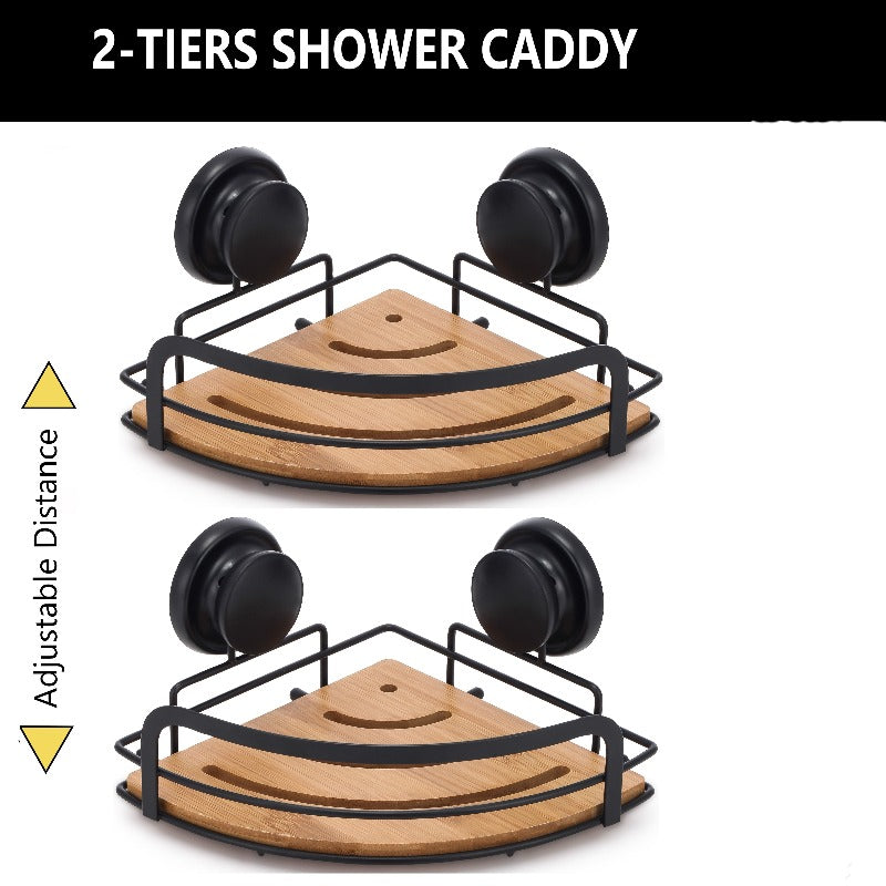 2 Pack Round Bamboo Corner Shower Caddy Shelf Basket Rack With Premium Vacuum Suction Cup No-Drilling For Bathroom And K