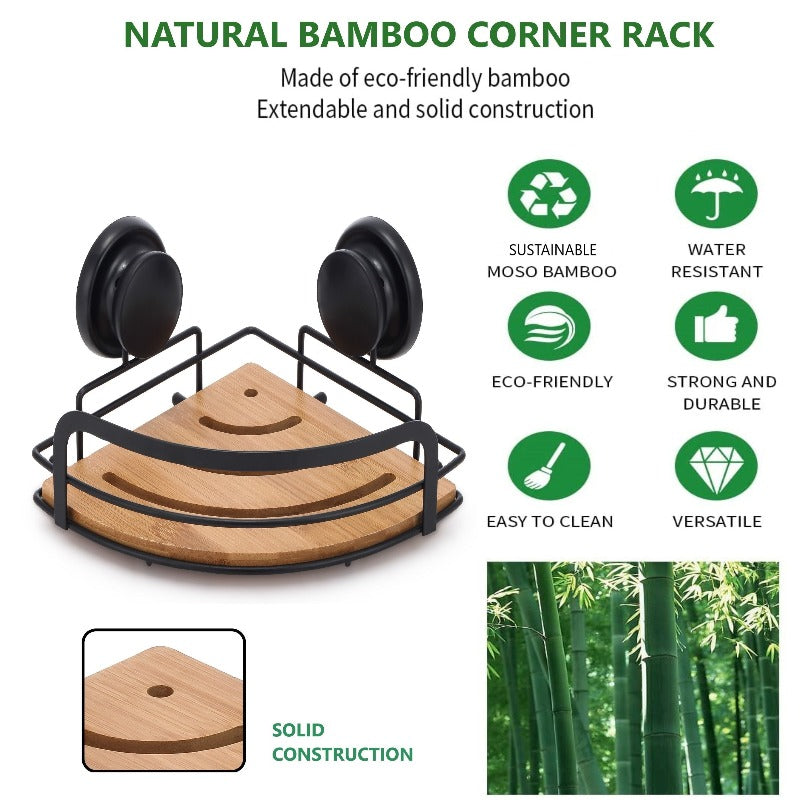 2 Pack Round Bamboo Corner Shower Caddy Shelf Basket Rack With Premium Vacuum Suction Cup No-Drilling For Bathroom And K