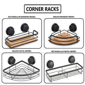 2 Pack Round Bamboo Corner Shower Caddy Shelf Basket Rack With Premium Vacuum Suction Cup No-Drilling For Bathroom And K