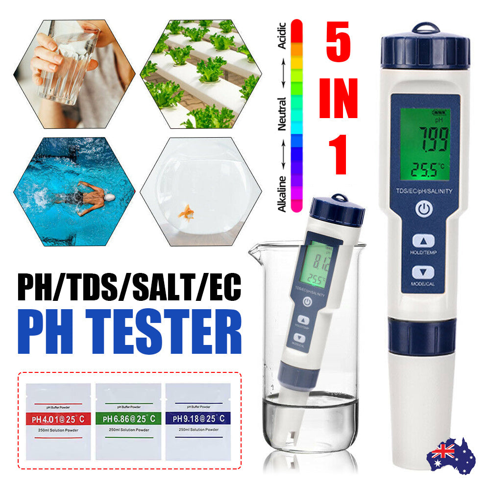 5-In-1 Digital Water Quality Tester Waterproof Ph Tds Ec Temperature Meter Pool