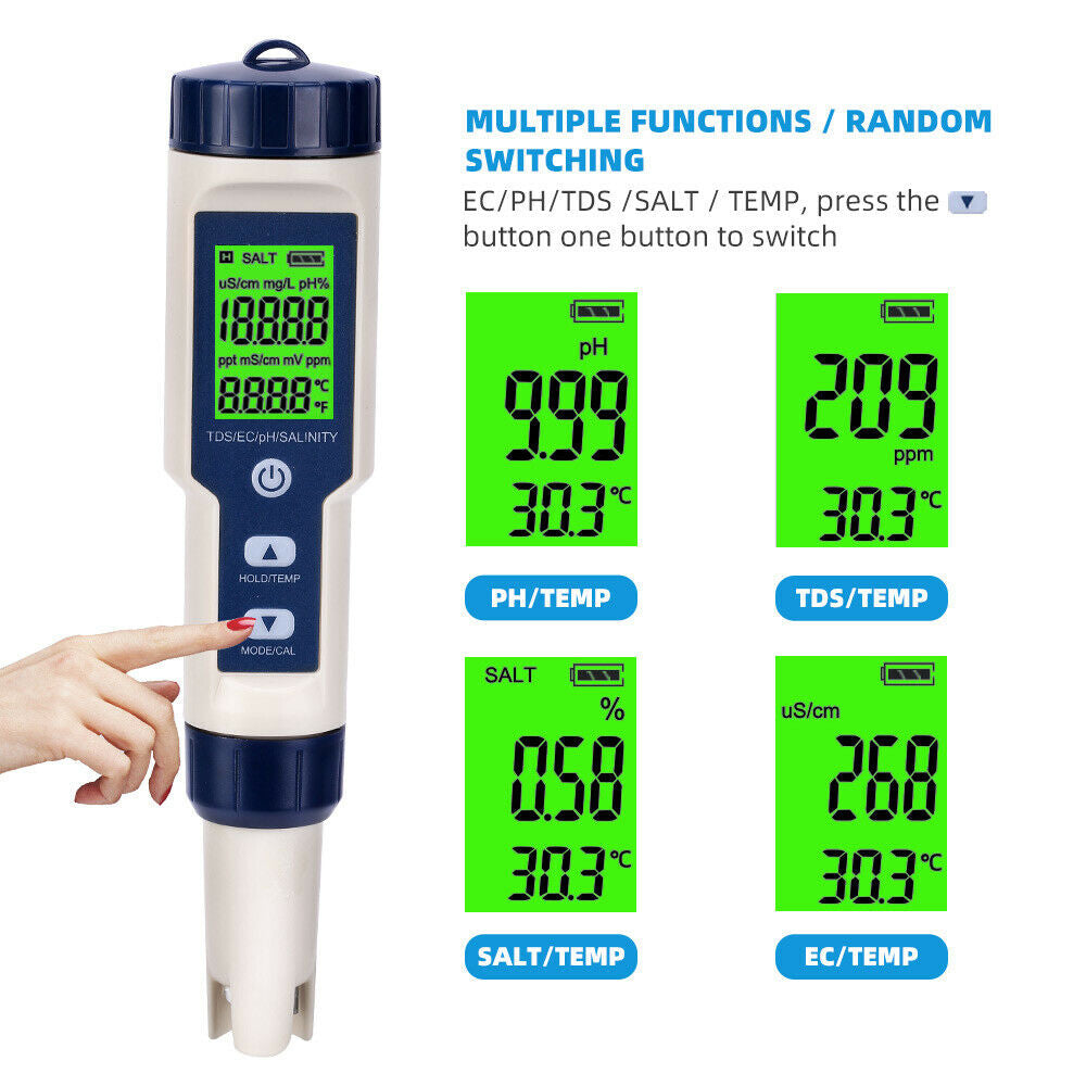 5-In-1 Digital Water Quality Tester Waterproof Ph Tds Ec Temperature Meter Pool