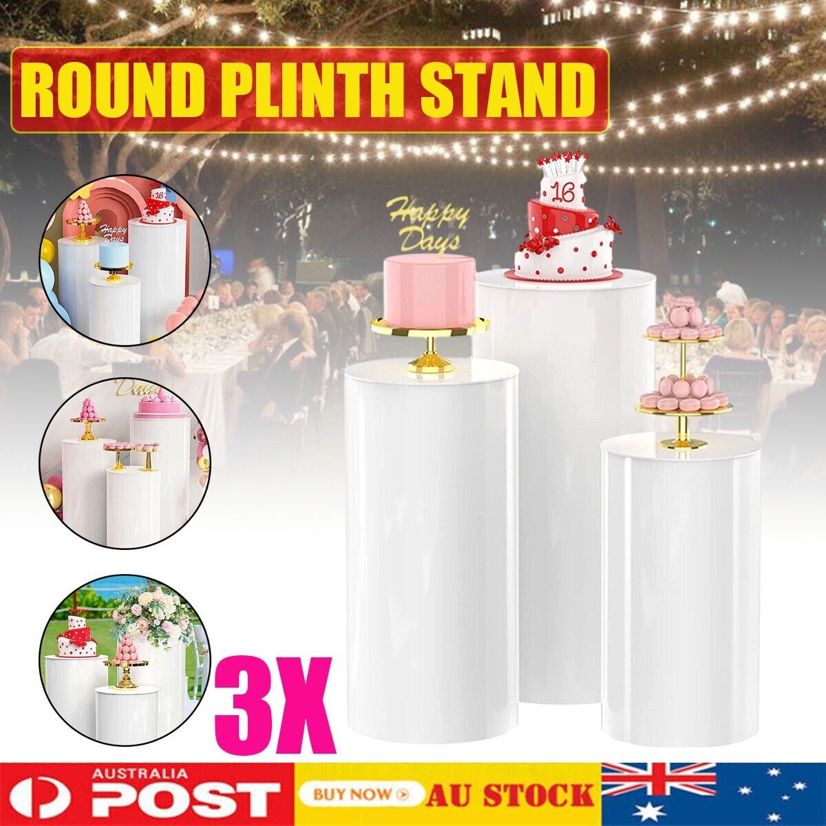 3Pcs Round Plinth Cylinder Pedestal Stand Wedding Decor Cake Flower Display