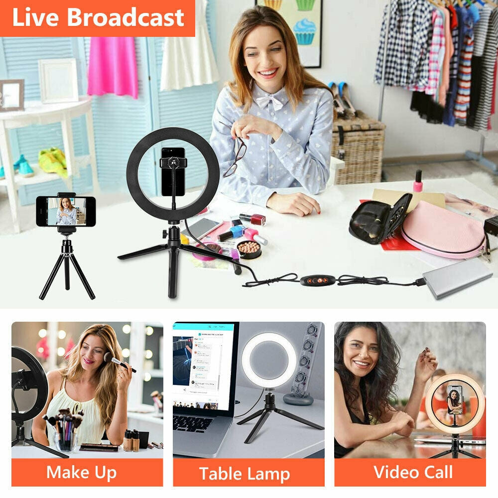 10" Dimmable Led Ring Light Tripod Stand For Phone Makeup Live Selfie