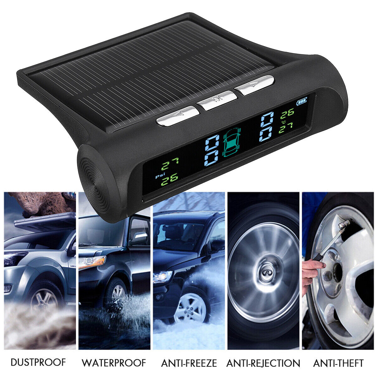 4 Sensor Solar Wireless Tpms Car Tire Tyre Pressure System Monitoring External