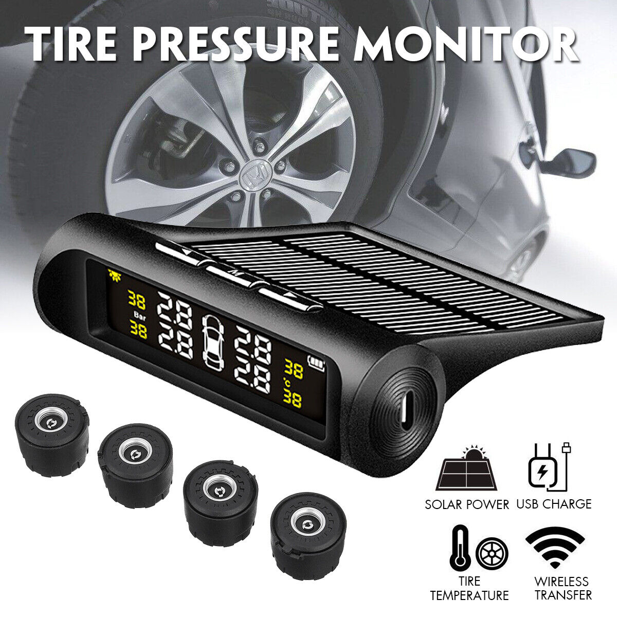 4 Sensor Solar Wireless Tpms Car Tire Tyre Pressure System Monitoring External