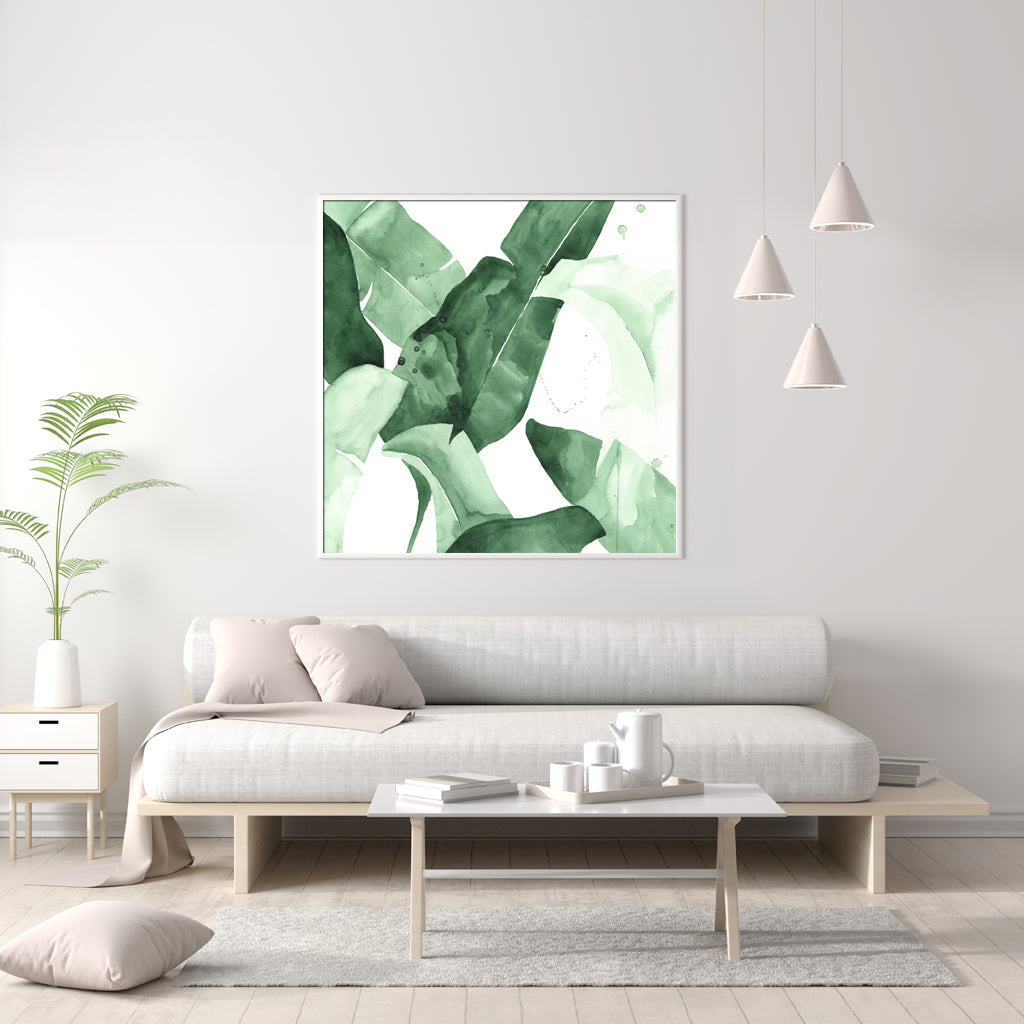 50Cmx50cm Tropical Leaves Square Size White Frame Canvas Wall Art