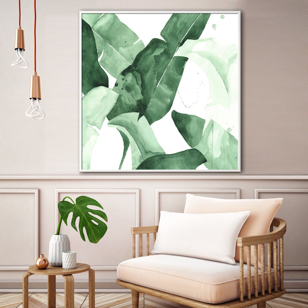 50Cmx50cm Tropical Leaves Square Size White Frame Canvas Wall Art