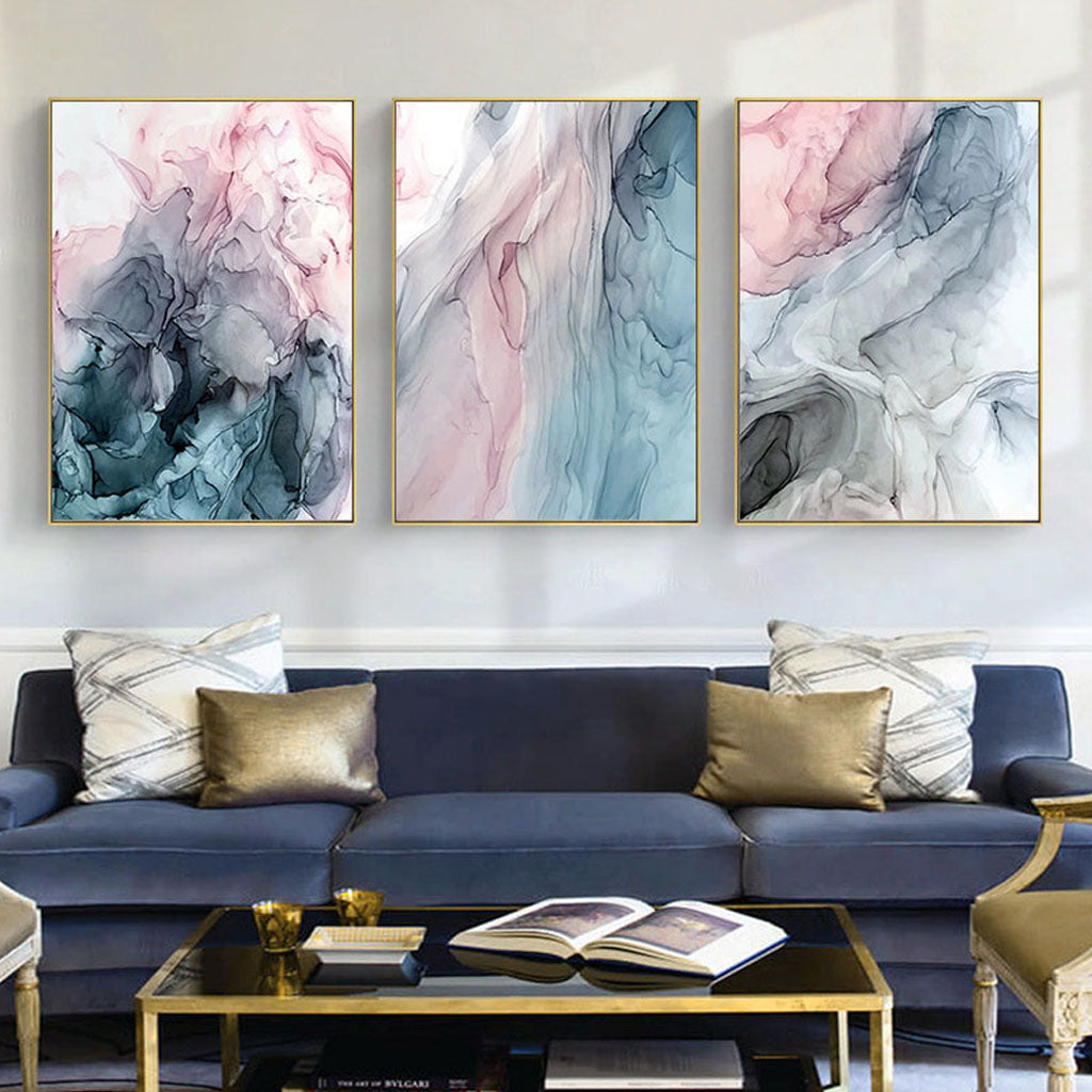 50Cmx70cm Colorful Ink Abstract 3 Sets Gold Frame Canvas Wall Art