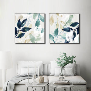 50Cmx50cm Watercolour Style Leaves 2 Sets White Frame Canvas Wall Art