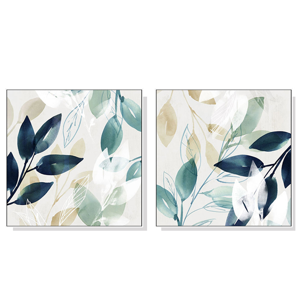 50Cmx50cm Watercolour Style Leaves 2 Sets White Frame Canvas Wall Art