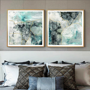 50Cmx50cm Marbled Green 2 Sets Gold Frame Canvas Wall Art