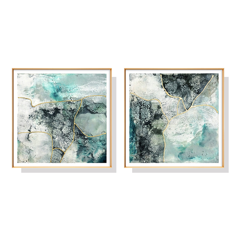 50Cmx50cm Marbled Green 2 Sets Gold Frame Canvas Wall Art