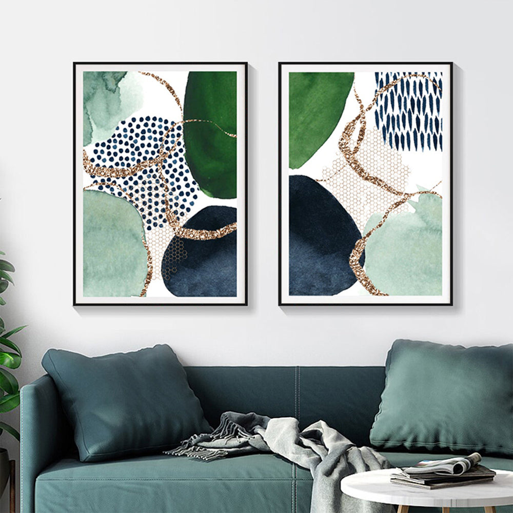 50Cmx70cm Abstract Green And Navy 2 Sets Black Frame Canvas Wall Art