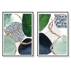 50Cmx70cm Abstract Green And Navy 2 Sets Black Frame Canvas Wall Art