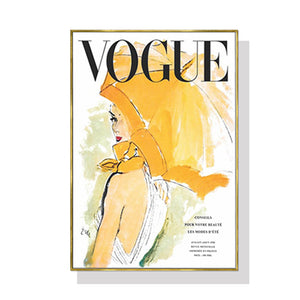 70Cmx100cm Vogue Girl Gold Frame Canvas Wall Art