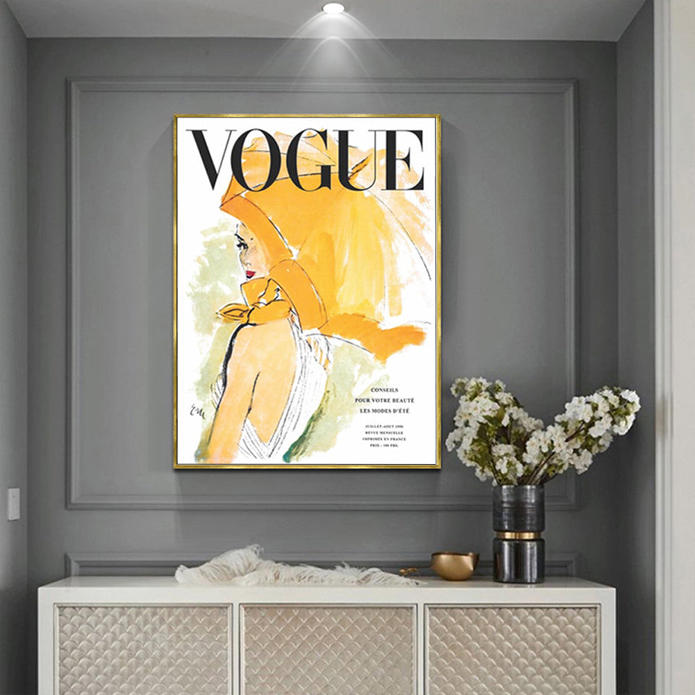 70Cmx100cm Vogue Girl Gold Frame Canvas Wall Art