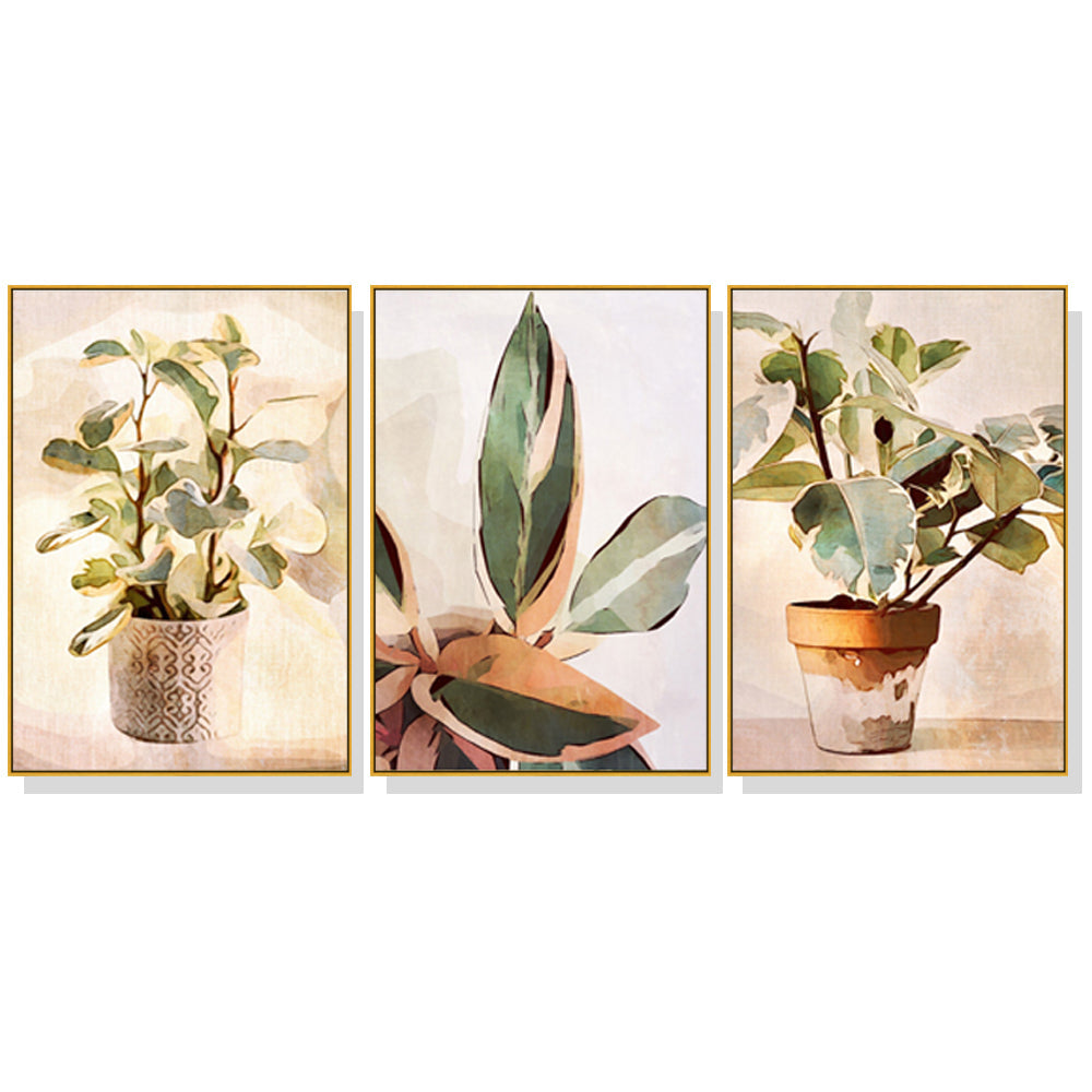 50Cmx70cm Botanical Leaves Watercolor Style 3 Sets Gold Frame Canvas Wall Art