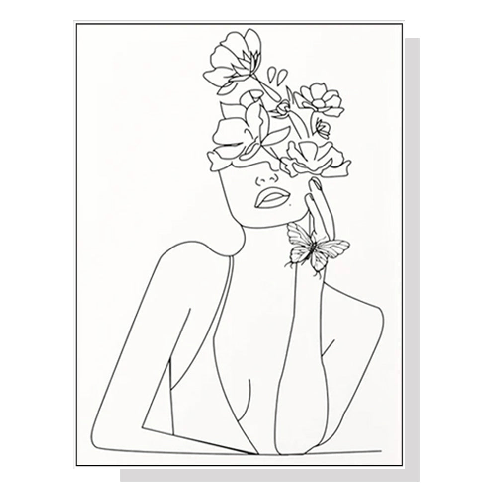 70Cmx100cm Line Art Girl White Frame Canvas Wall