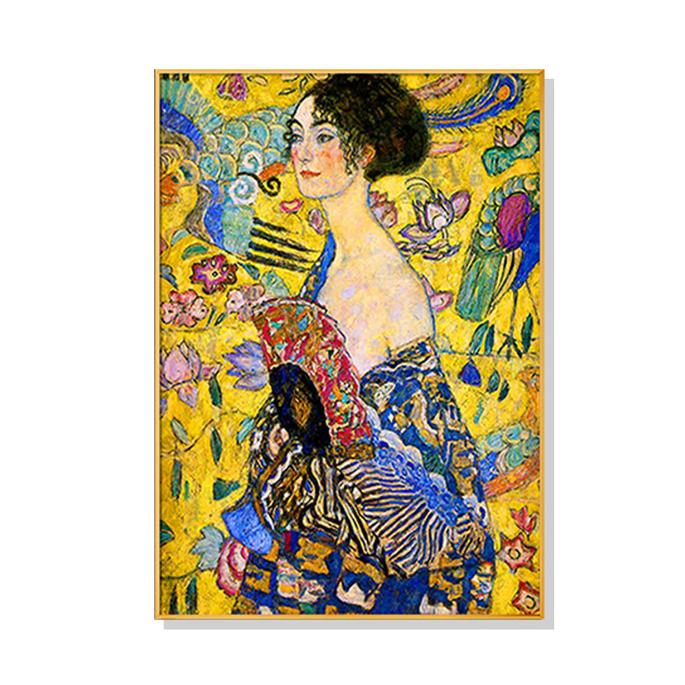 70Cmx100cm Lady With A Fan By Klimt Gold Frame Canvas Wall Art