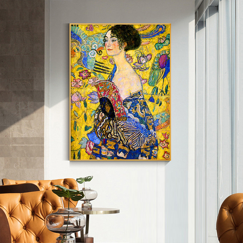 70Cmx100cm Lady With A Fan By Klimt Gold Frame Canvas Wall Art