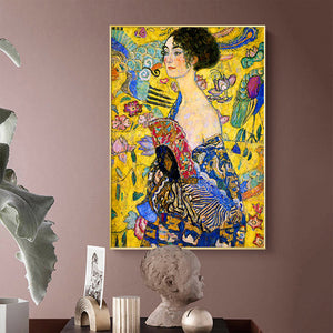 70Cmx100cm Lady With A Fan By Klimt Gold Frame Canvas Wall Art