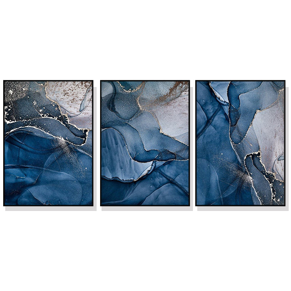 40Cmx60cm Blue Gold Marble 3 Sets Black Frame Canvas Wall Art