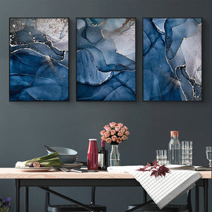 40Cmx60cm Blue Gold Marble 3 Sets Black Frame Canvas Wall Art