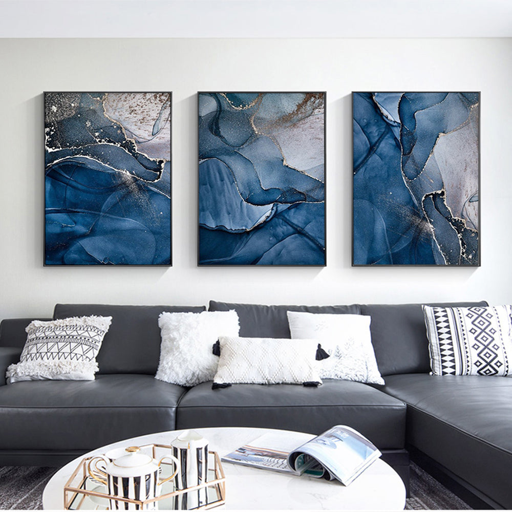 40Cmx60cm Blue Gold Marble 3 Sets Black Frame Canvas Wall Art