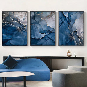 40Cmx60cm Blue Gold Marble 3 Sets Black Frame Canvas Wall Art