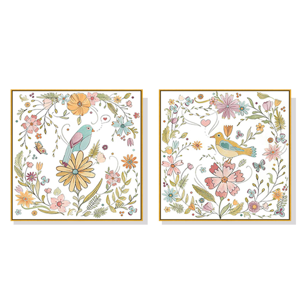 50Cmx50cm Floral Birds 2 Sets Gold Frame Canvas Wall Art