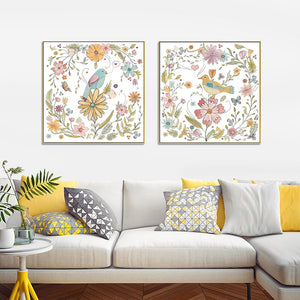 50Cmx50cm Floral Birds 2 Sets Gold Frame Canvas Wall Art