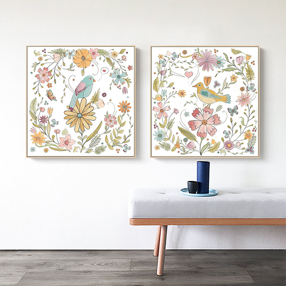 50Cmx50cm Floral Birds 2 Sets Gold Frame Canvas Wall Art